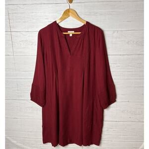 J Jill Tunic Dress Womens Size Large Red Burgundy Pintucked V Neck Long Sleeve